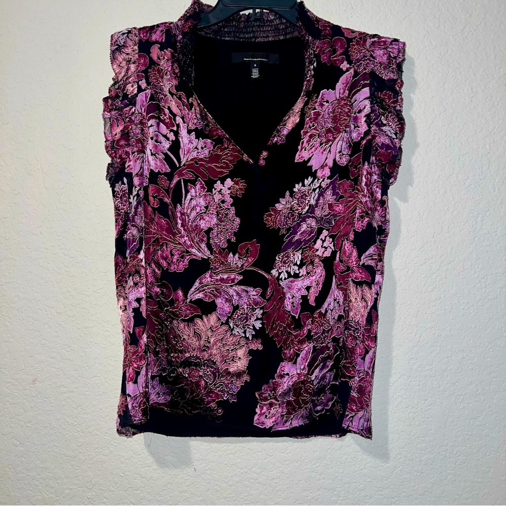WHBM purple floral ruffle sleeveless blouse